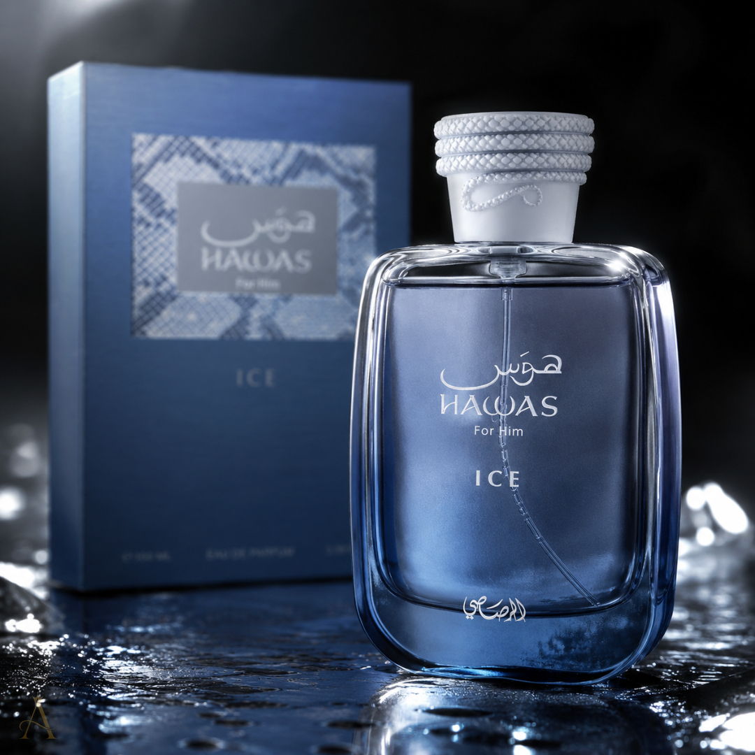 A bottle of Hawas For Him ICE Eau de Parfum with its blue packaging box, displayed on a wet reflective surface against a dark background.