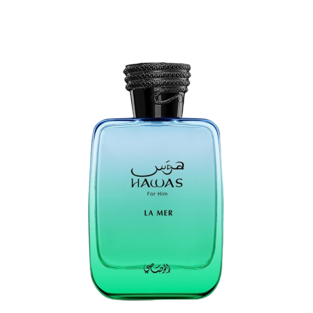 A bottle of Rasasi Hawas La Mer fragrance for men, featuring a translucent blue-to-green gradient glass bottle with a textured black cap, set against a plain white background.