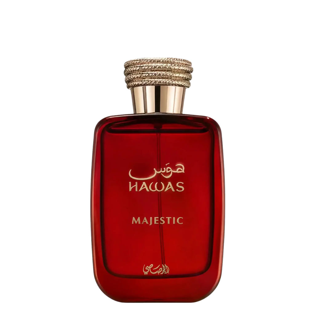A bottle of Rasasi Hawas Majestic perfume with a deep red translucent glass body and a textured gold cap, shown on a solid white background.