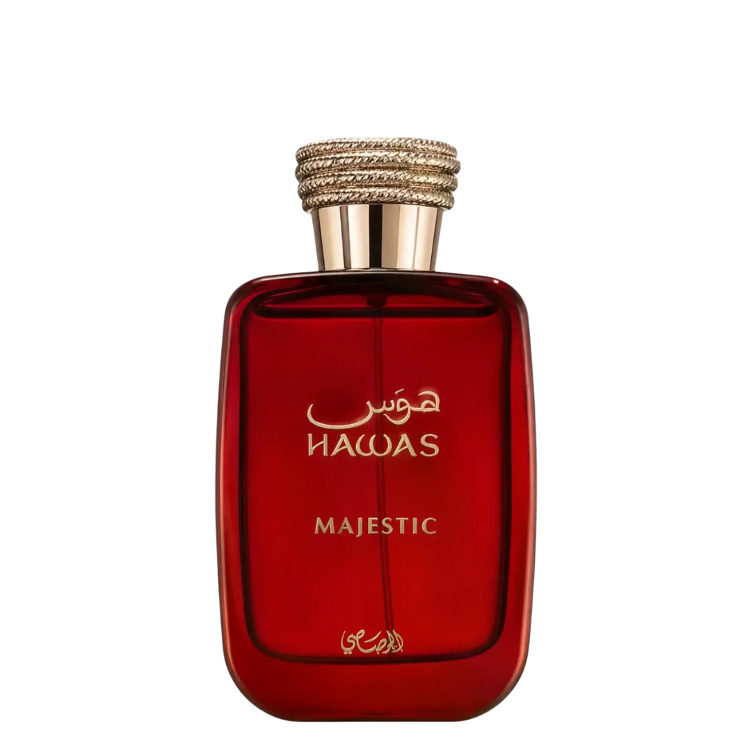 A bottle of Rasasi Hawas Majestic perfume with a deep red translucent glass body and a textured gold cap, shown on a solid white background.
