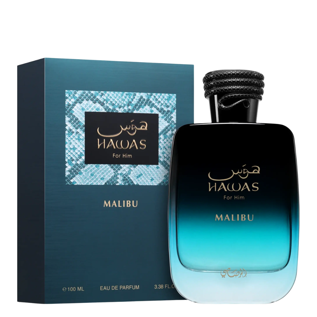 Hawas Malibu perfume bottle and packaging on a white background