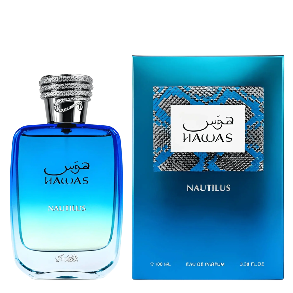 A bottle of Rasasi Hawas Nautilus Eau de Parfum next to its blue packaging box, featuring a blue gradient design and a silver snake-skin patterned label.