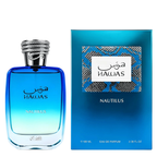 A bottle of Rasasi Hawas Nautilus Eau de Parfum next to its blue packaging box, featuring a blue gradient design and a silver snake-skin patterned label.