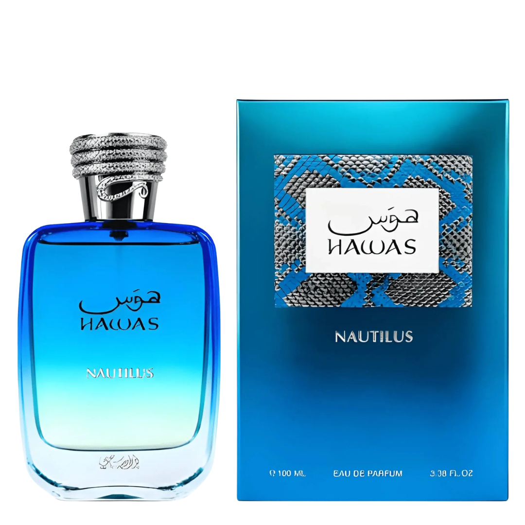 A bottle of Rasasi Hawas Nautilus Eau de Parfum next to its blue packaging box, featuring a blue gradient design and a silver snake-skin patterned label.