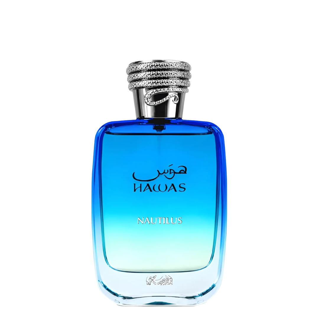 A bottle of Rasasi Hawas Nautilus fragrance with a blue gradient glass body and a silver cap, shown on a plain white background.