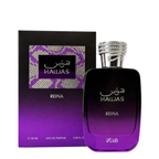A bottle of Rasasi Hawas Reina Eau de Parfum with its black packaging box, featuring a purple gradient design and a silver patterned cap, set against a plain white background.
