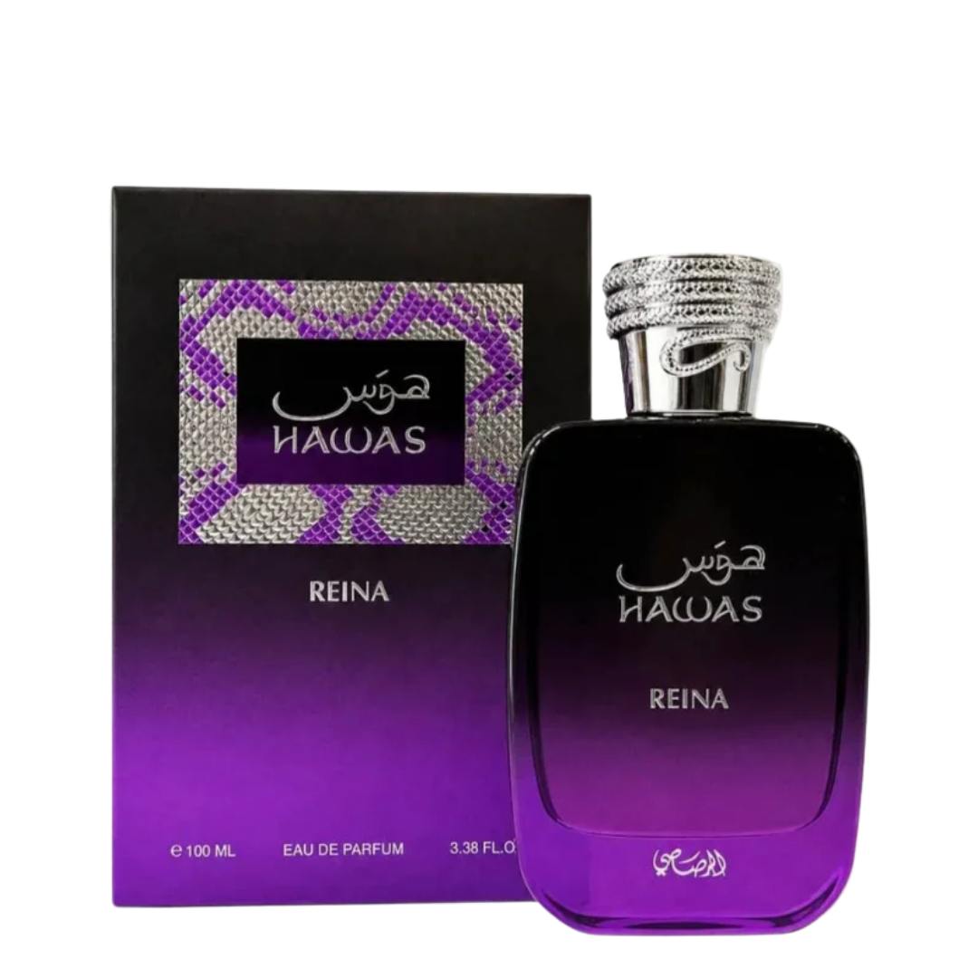 A bottle of Rasasi Hawas Reina Eau de Parfum with its black packaging box, featuring a purple gradient design and a silver patterned cap, set against a plain white background.
