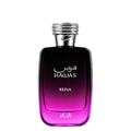 A bottle of Rasasi Hawas Reina perfume with a dark purple to vibrant magenta gradient glass body and a textured silver cap, shown on a plain white background.