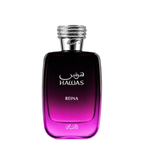 A bottle of Rasasi Hawas Reina perfume with a dark purple to vibrant magenta gradient glass body and a textured silver cap, shown on a plain white background.