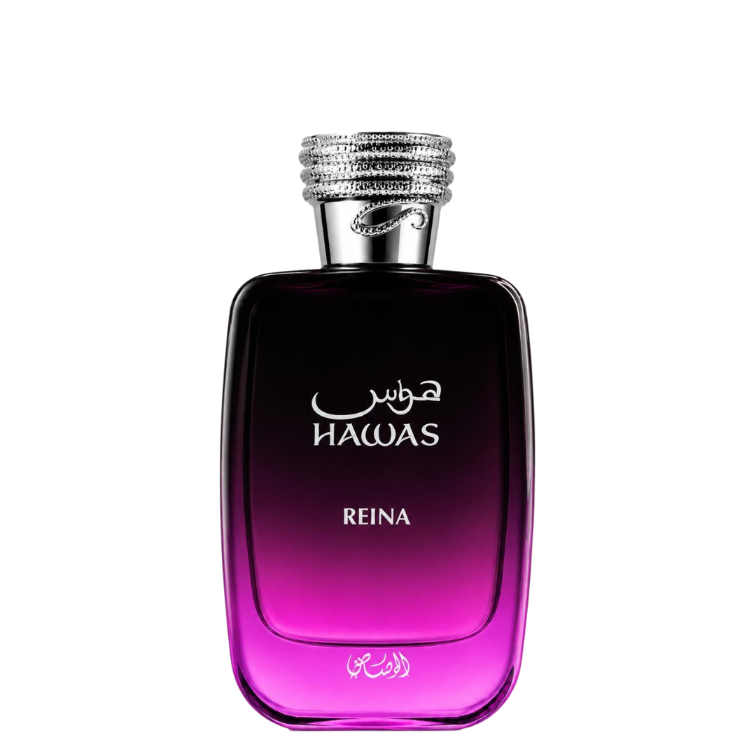 A bottle of Rasasi Hawas Reina perfume with a dark purple to vibrant magenta gradient glass body and a textured silver cap, shown on a plain white background.