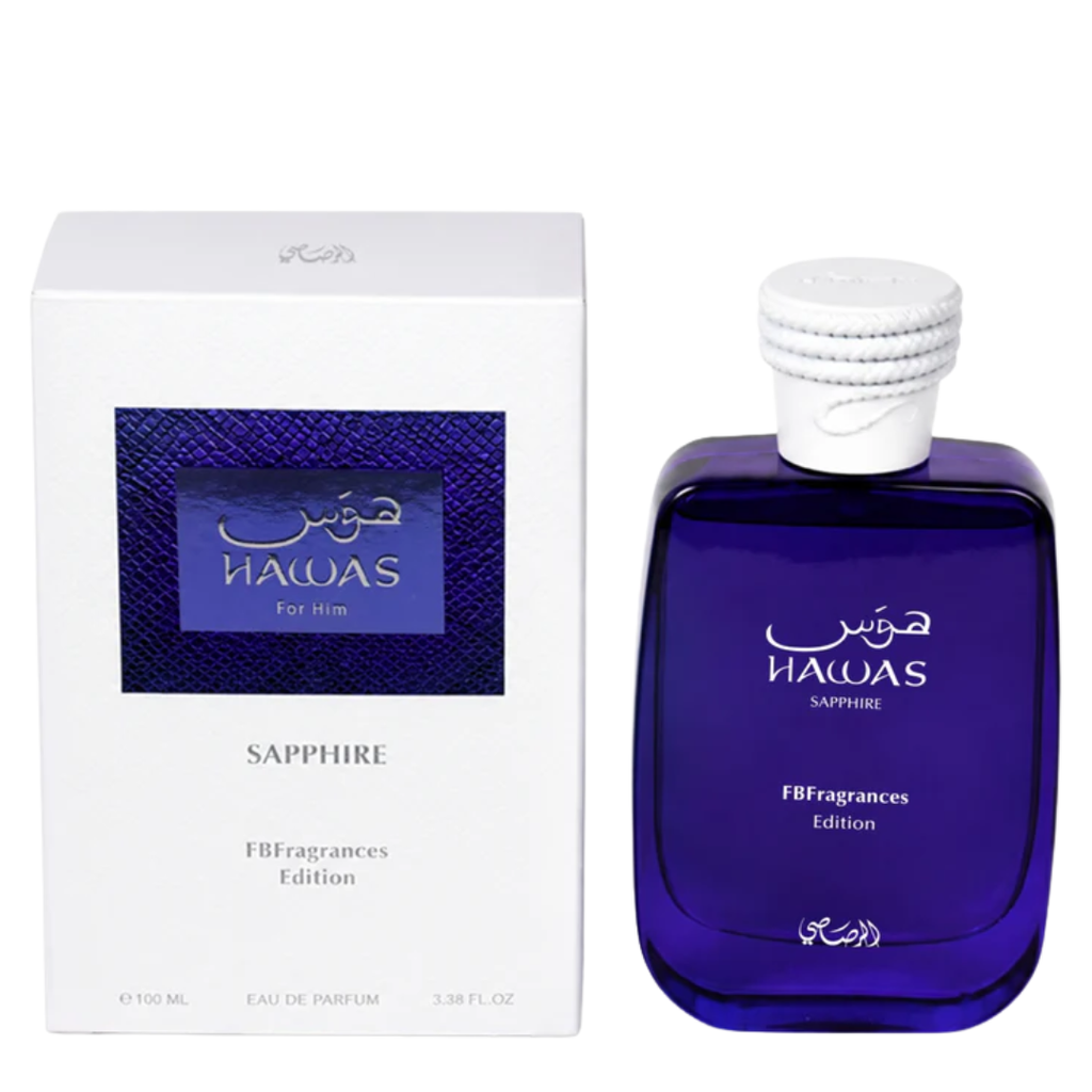 Hawas For Men 'Sapphire' fragrance shown with its white packaging box and the dark blue glass bottle, featuring Arabic lettering and a white cap.