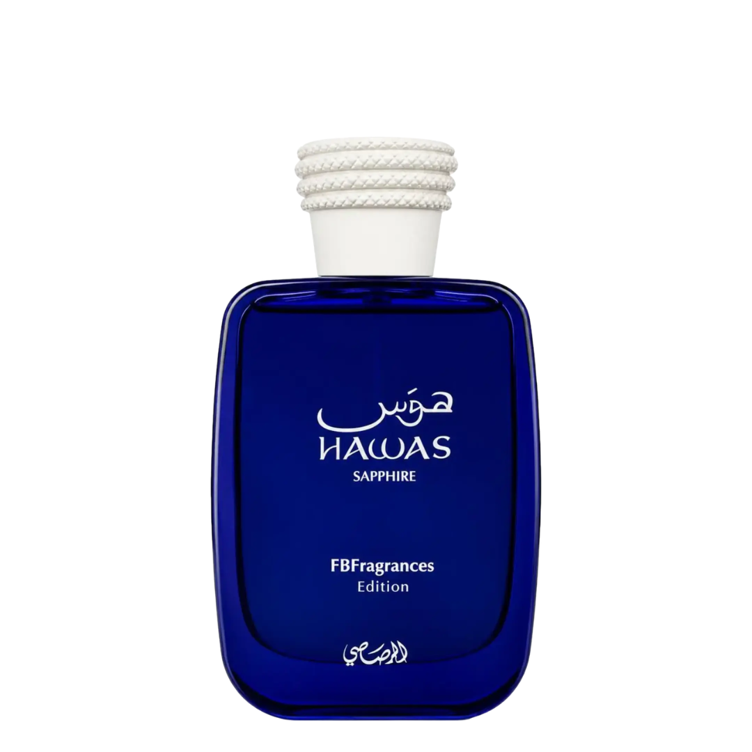 A cobalt blue glass bottle of Hawas Sapphire fragrance by FBFragrances, featuring a white rope-wrapped cap, on a solid white background.