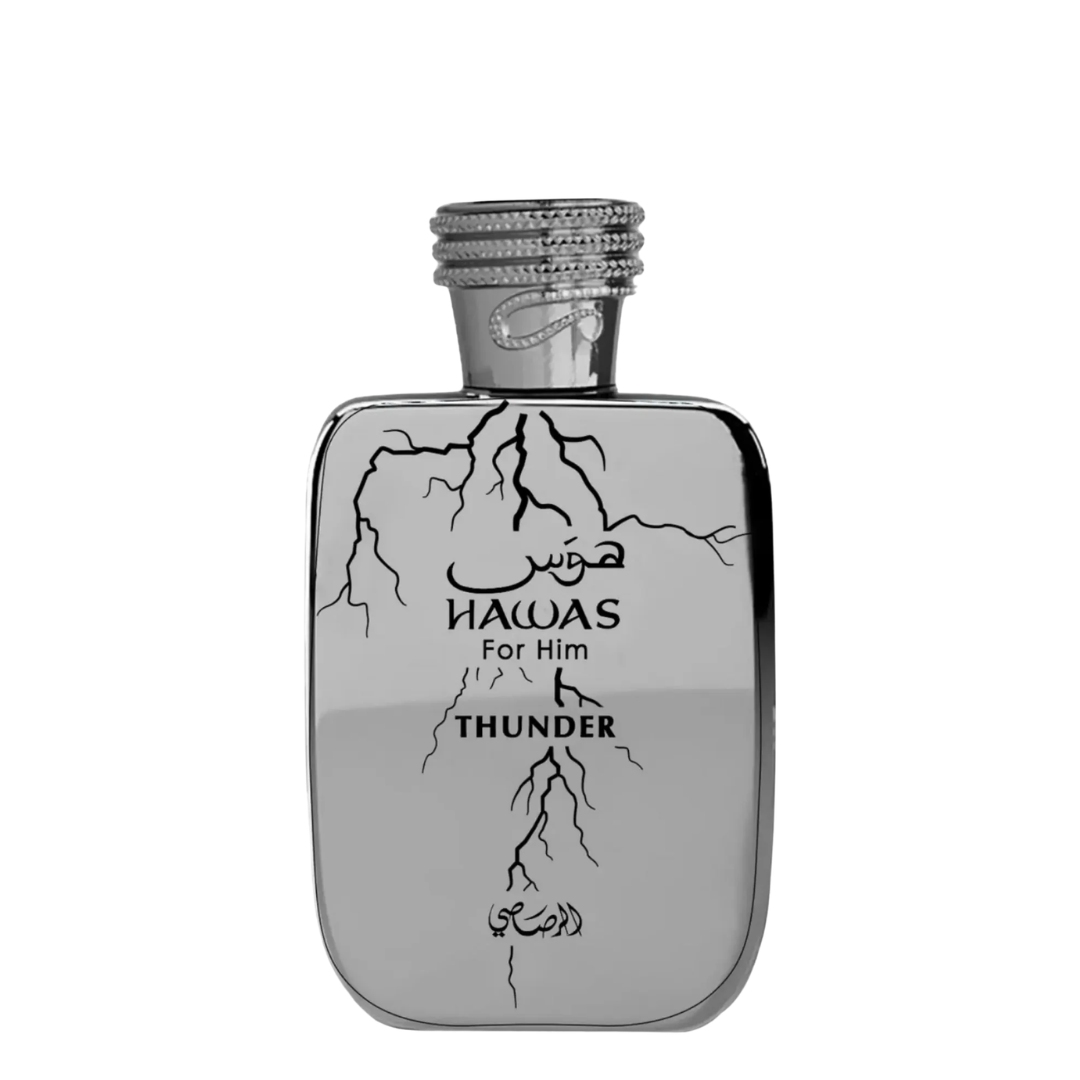 Perfume bottle labeled 'Hawas for Him Thunder' on a white background