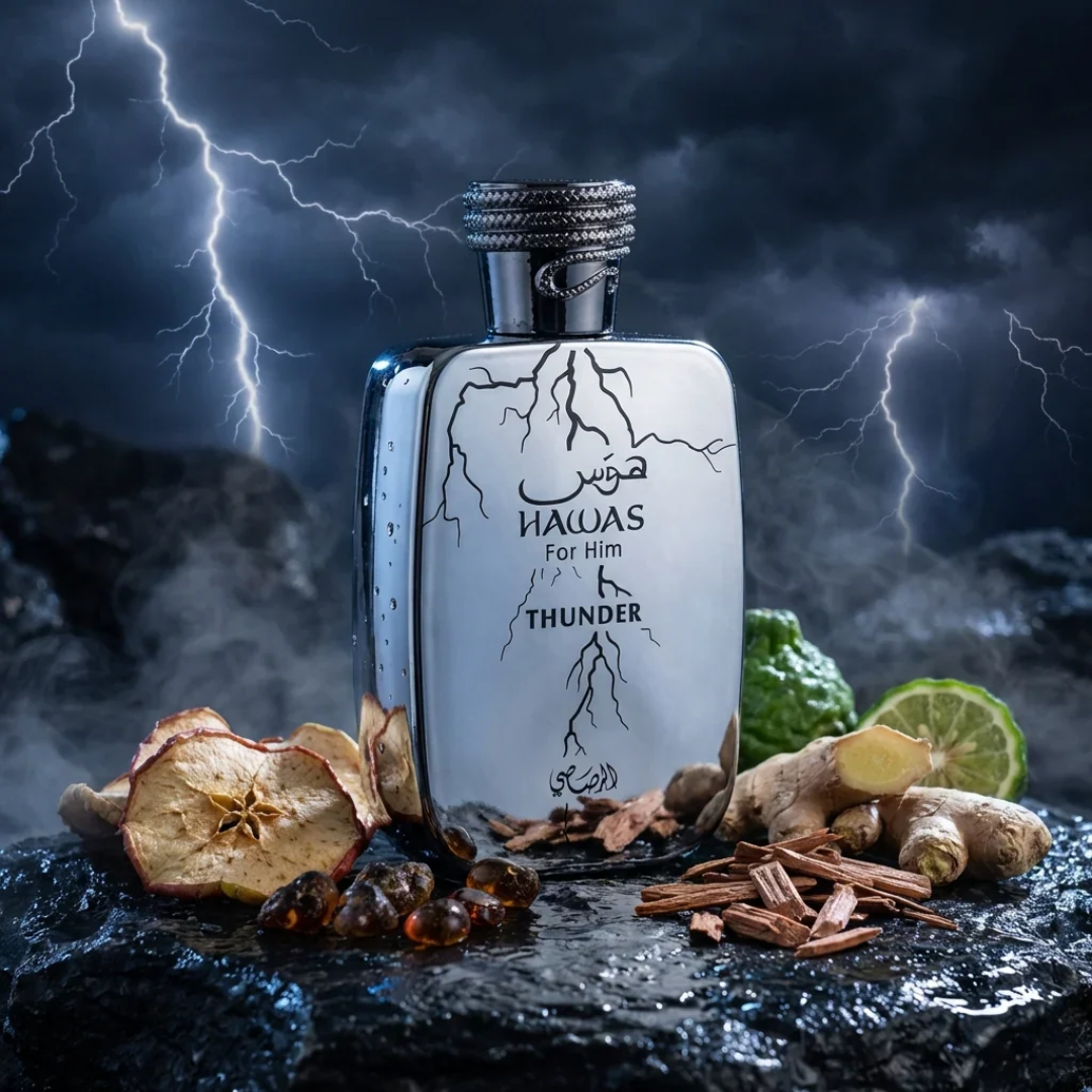 Perfume bottle labeled 'Hawas for Him Thunder' with ingredients on a dark background