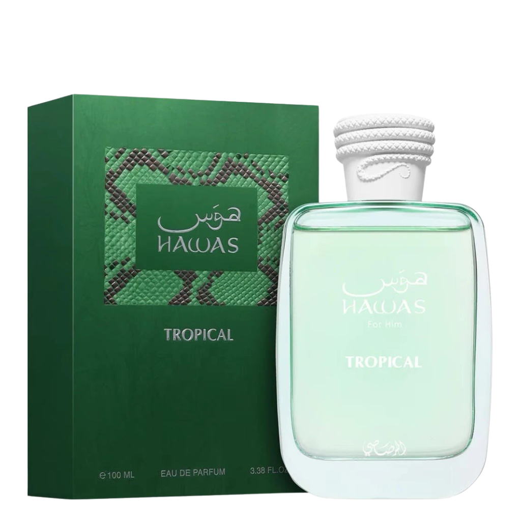 Hawas Tropical perfume bottle and packaging on a white background
