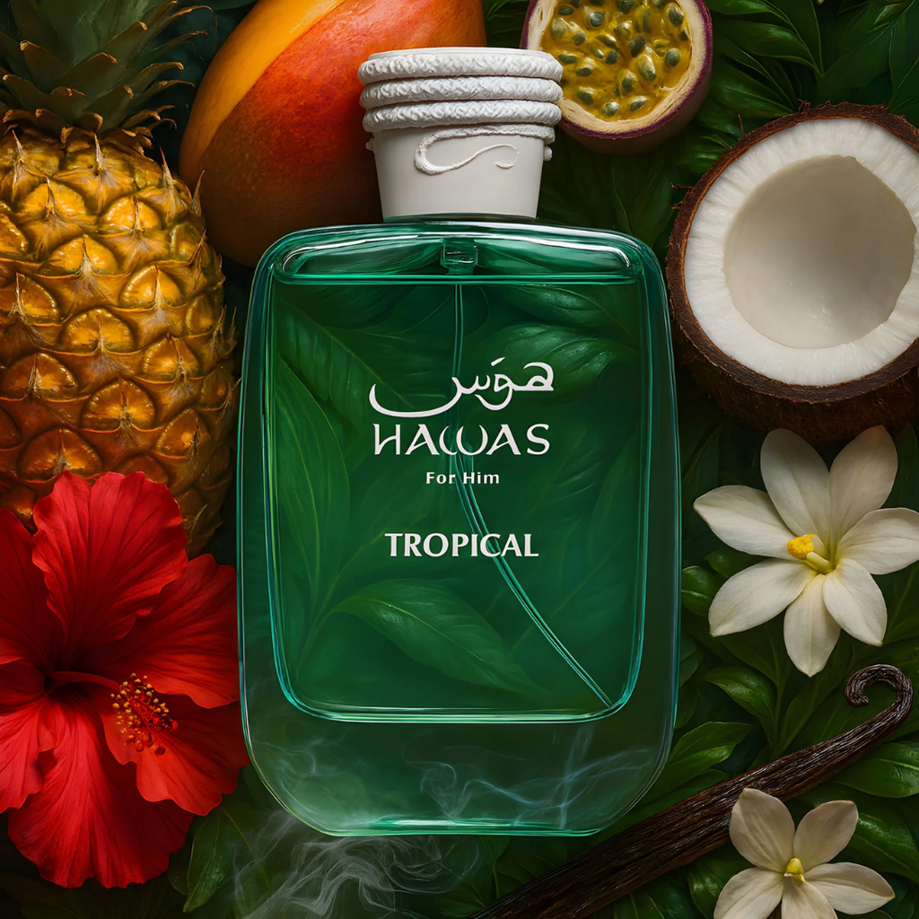 Green HAWAS for Him Tropical perfume bottle surrounded by tropical fruits and flowers