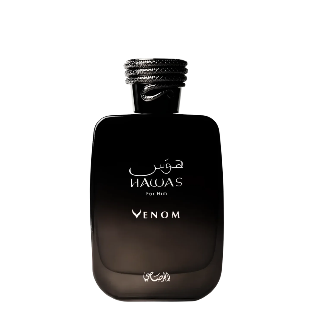 Black perfume bottle labeled 'Rasasi Hawas for Him Venom' on a white background