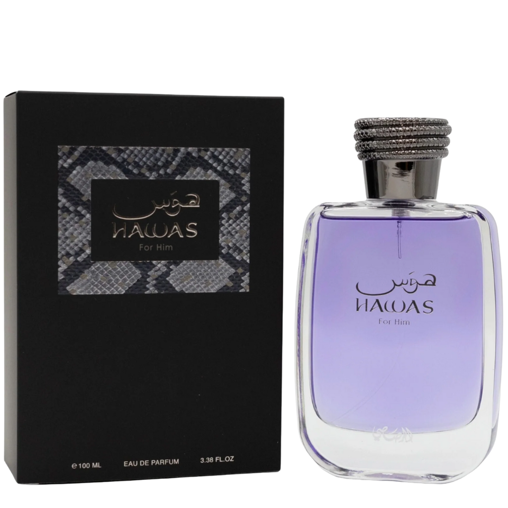 Hawas perfume bottle and packaging on a white background