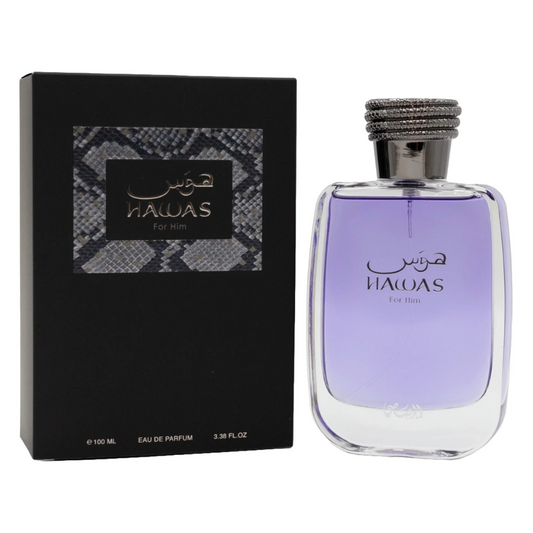 Hawas perfume bottle and packaging on a white background