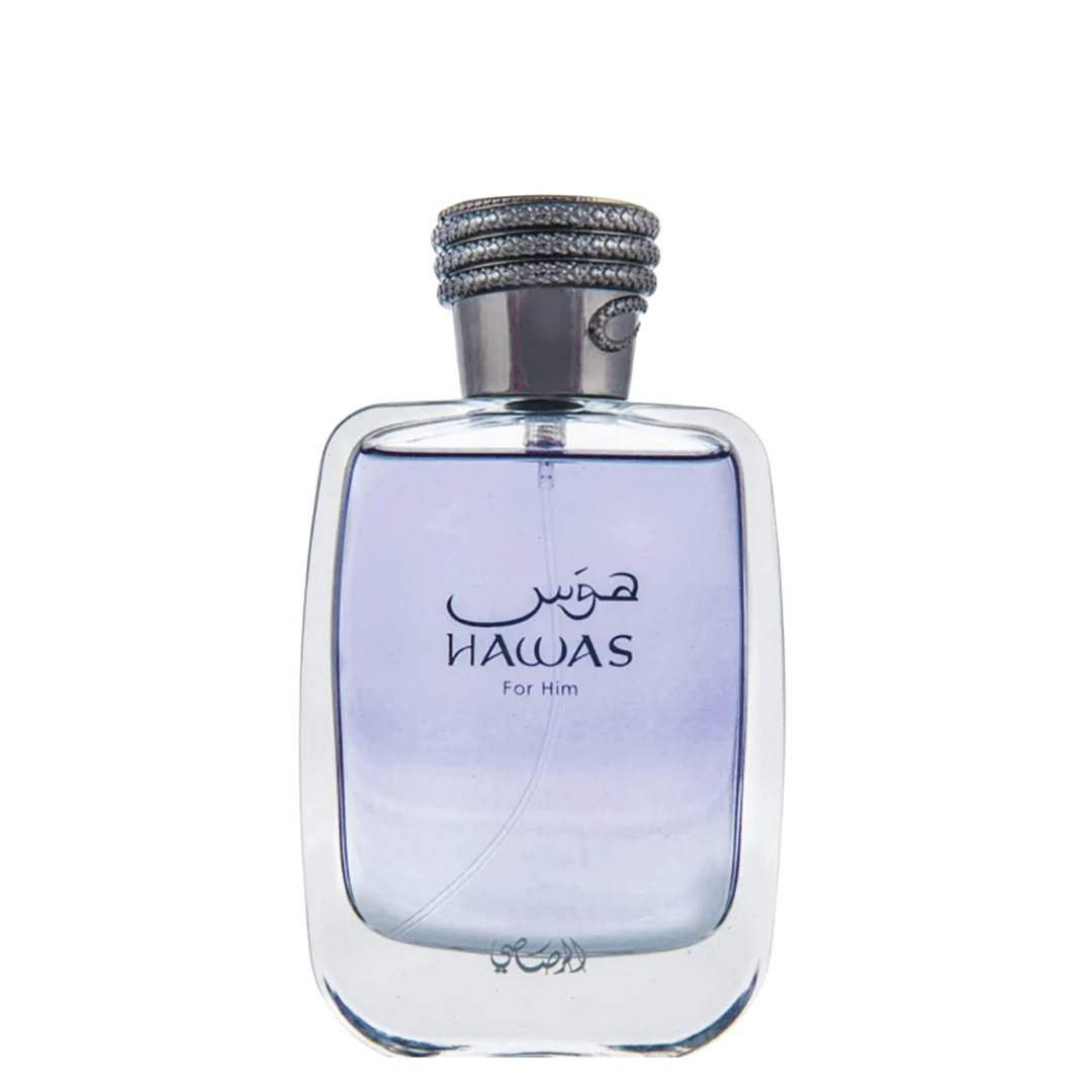 Perfume bottle labeled 'Hawas For Him' on a white background