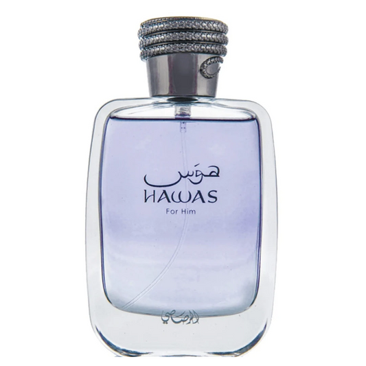 Perfume bottle labeled 'Hawas For Him' on a white background