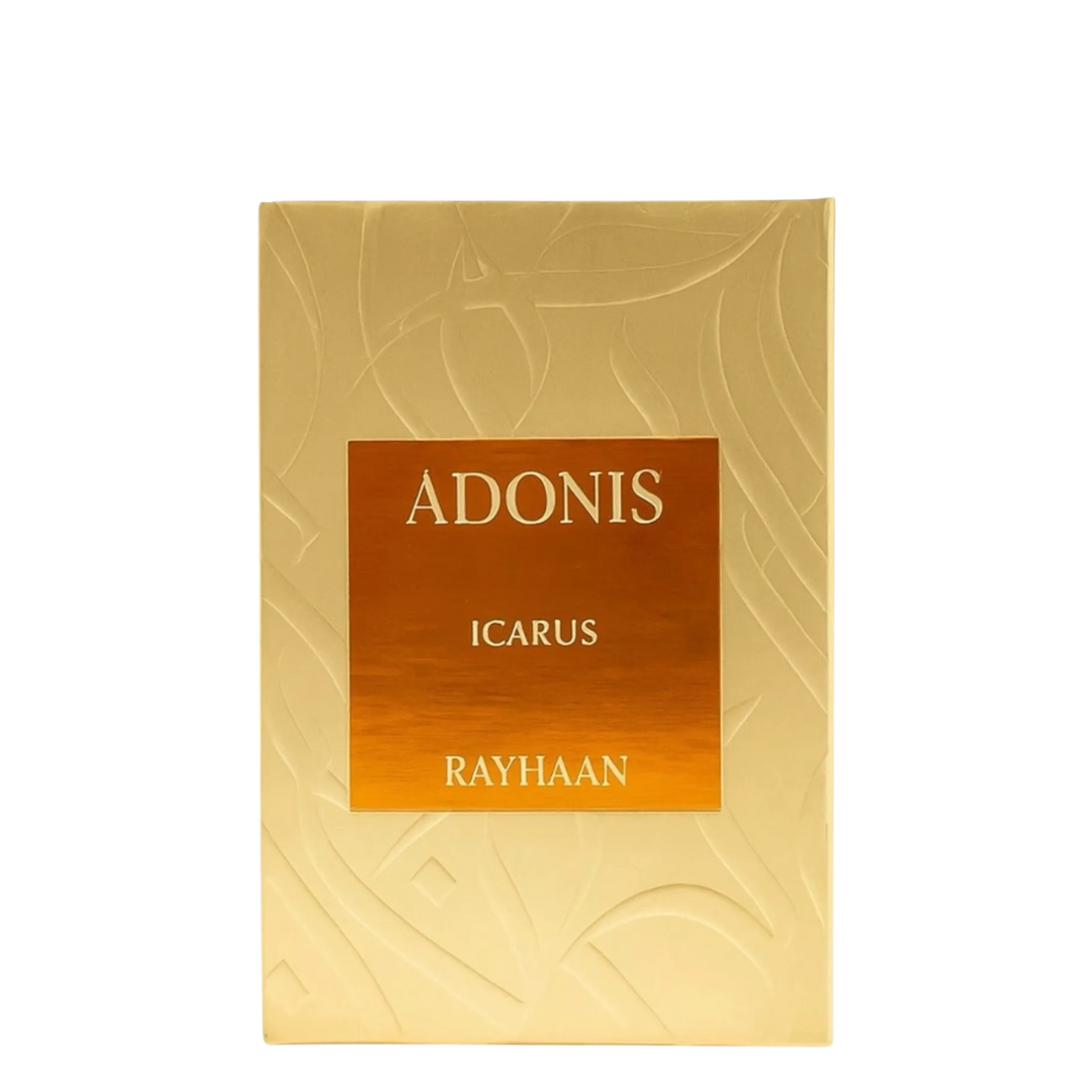 Gold packaging with 'ADONIS' and 'ICARUS' branding on a white background. Rayhaan Adonis Icarus Mens Perfume