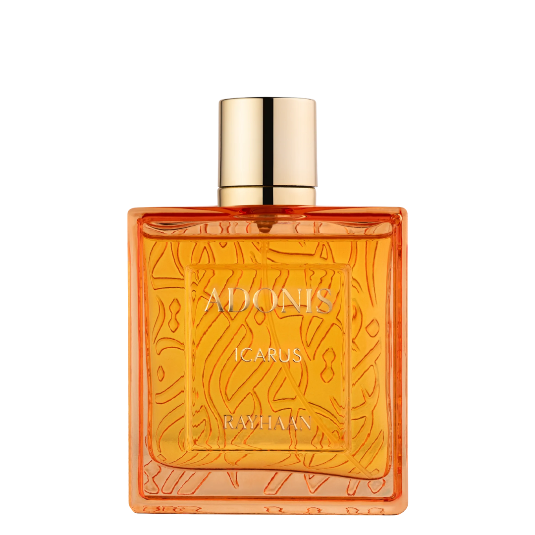 Orange perfume bottle with gold cap labeled 'Adonis Icarus' on a white background. Rayhaan Adonis Icarus Mens Perfume