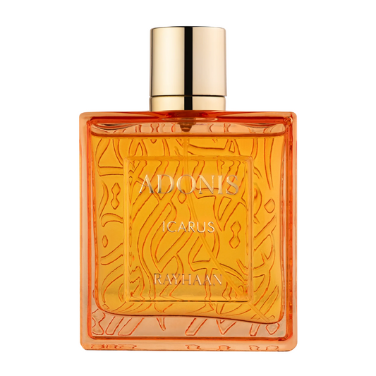 Orange perfume bottle with gold cap labeled 'Adonis Icarus' on a white background. Rayhaan Adonis Icarus Mens Perfume