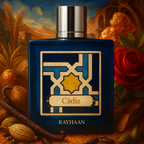 Rayhaan Cadiz Eau de Parfum 100ml bottle with rose, vanilla and spice props