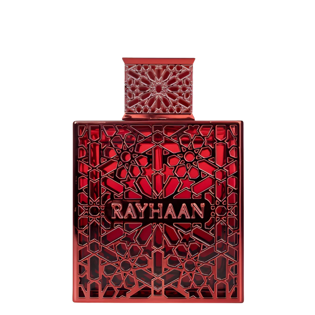 Red ornate perfume bottle with 'RAYHAAN' branding on a white background. Rayhaan Crimson Mens Perfume