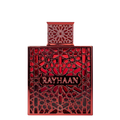 Red ornate perfume bottle with 'RAYHAAN' branding on a white background. Rayhaan Crimson Mens Perfume