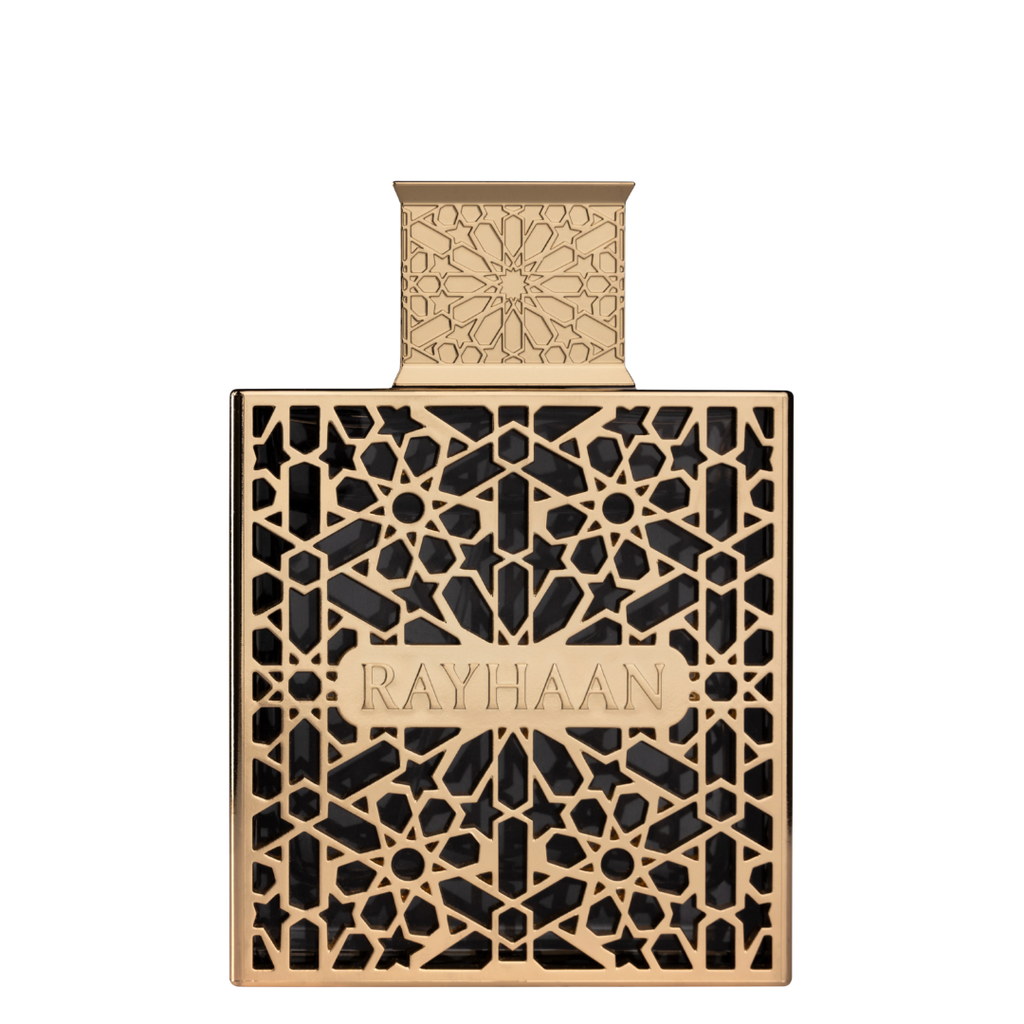 Decorative bottle with intricate patterns and 'RAYHAAN' branding on a white background. Rayhaan Elixir Mens Perfume