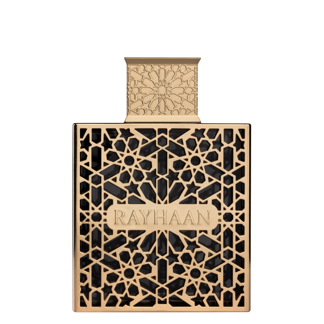 Decorative bottle with intricate patterns and 'RAYHAAN' branding on a white background. Rayhaan Elixir Mens Perfume