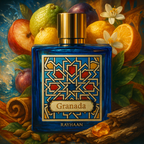 Rayhaan Granada Eau de Parfum 100ml bottle with fruit, flower and spice props
