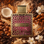 Rayhaan Kiss Eau de Parfum 100ml bottle in a dessert-themed promotional composition