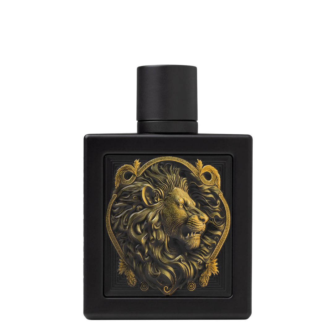 Black perfume bottle with gold lion design on a white background. Rayhaan Lion Mens Perfume.