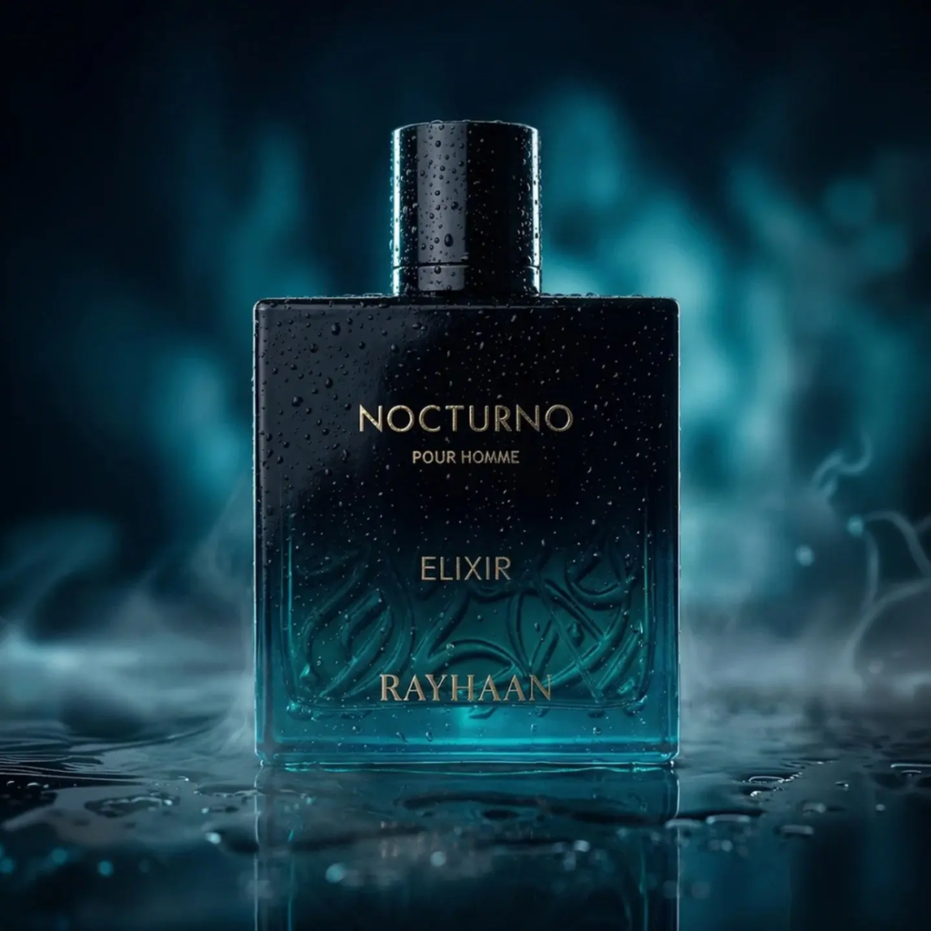 Perfume bottle labeled 'Nocturno Elixir' by Rayhaan on a dark background