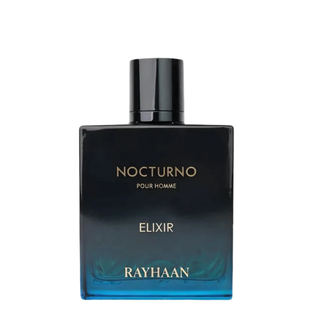 Perfume bottle labeled 'Nocturno' by Rayhaan on a white background