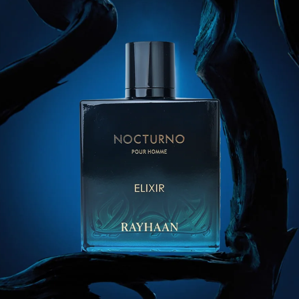 Perfume bottle labeled 'Nocturno Elixir Rayhaan' on a dark background