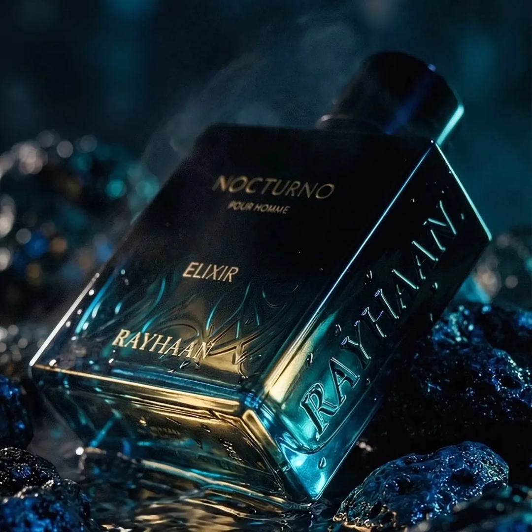 Rayhaan Nocturno Elixir perfume bottle on a dark background