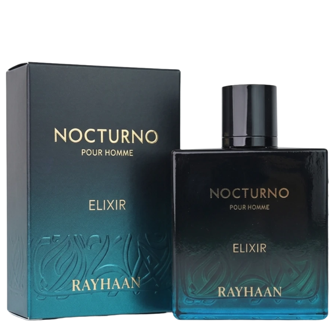Rayhaan Nocturno Pour Homme Elixir perfume bottle and packaging on a white background
