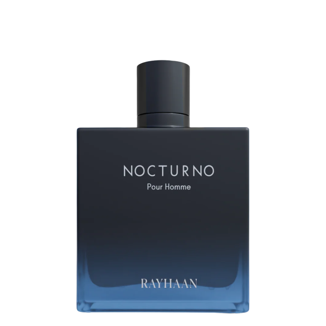 Perfume bottle labeled 'Nocturno Pour Homme' by Rayhaan on a white background.