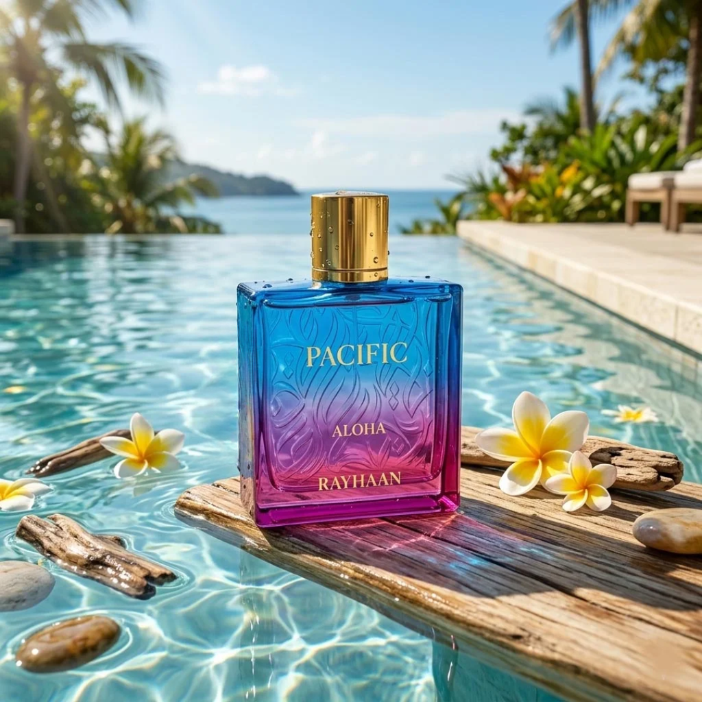 Blue and purple perfume bottle labeled 'Pacific Aloha' by Rayhaan on a wooden plank with flowers and stones in a pool setting.