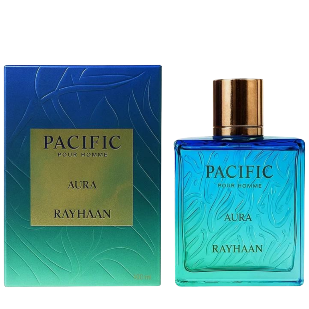 Perfume bottle and packaging of Pacific Pour Homme Aura Rayhaan on a white background. Rayhaan Pacific Aura Mens Perfume