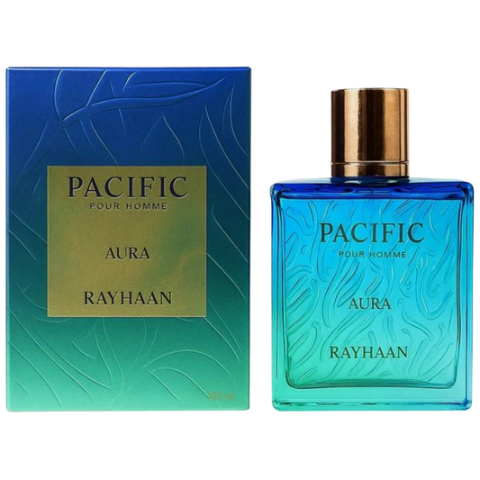 Perfume bottle and packaging of Pacific Pour Homme Aura Rayhaan on a white background. Rayhaan Pacific Aura Mens Perfume