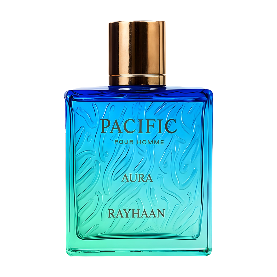 Blue perfume bottle with gold cap on a white background. Rayhaan Pacific Aura Mens Perfume