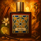 Rayhaan Seville Eau de Parfum 100ml bottle against an orange spice-themed backdrop