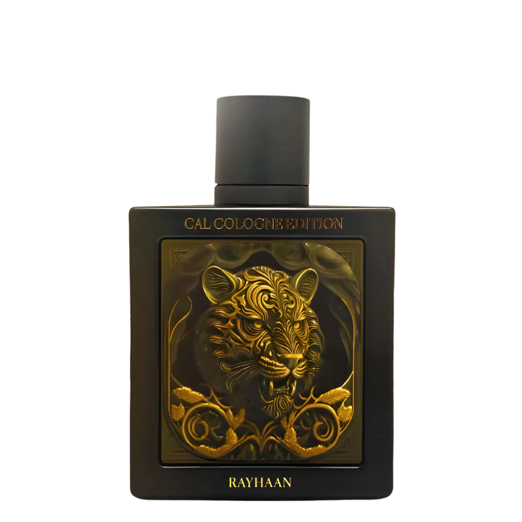 Perfume bottle with gold tiger design and 'Rayhaan' branding on a white background. Rayhaan Tiger Cal Cologne Edition Mens Perfume