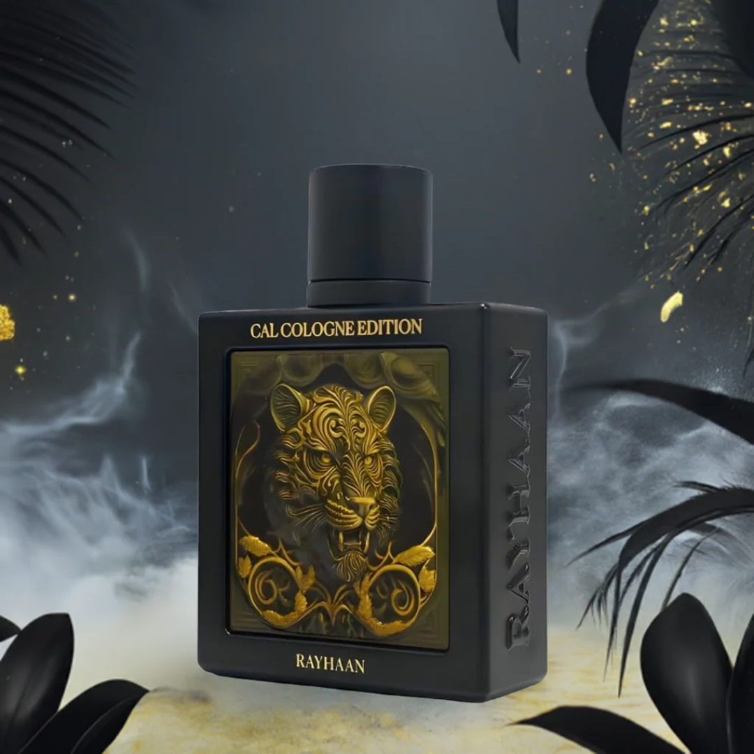 Perfume bottle with gold tiger design on a dark background. Rayhaan Tiger Cal Cologne Edition Mens Perfume