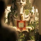 Rayhaan Tonquin Giza Eau de Parfum 100ml bottle beside a pharaoh statue